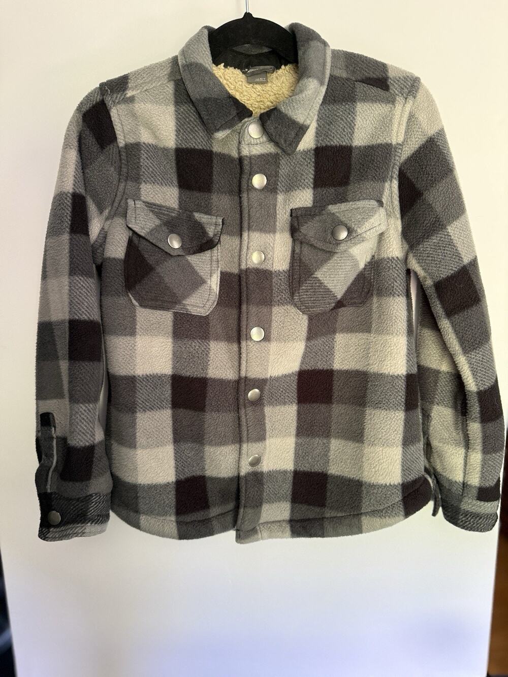 Eddie Bauer Kids 6/7 Gray Buffalo Plaid Sherpa Fleece Shacket Snap Jacket